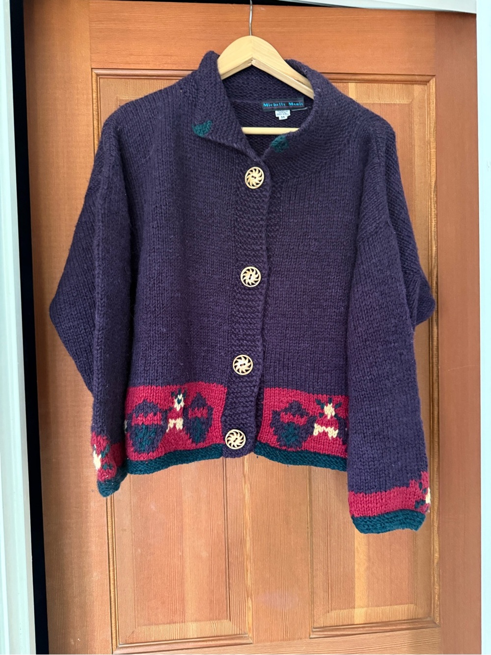 Michelle Marie Purple Hand-Knit Wool Cardigan with Red & Teal Accents.